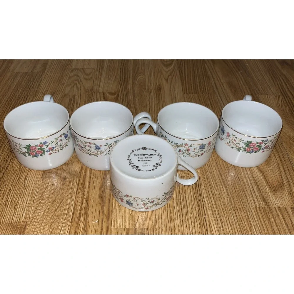 Farberware Set of 5 VTG Monaco '97 3111 Fine China Tea Coffee Cup GOLD TRIM‎